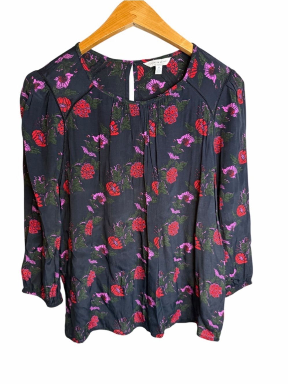 Lucky Brand Pink Red Floral Peasant Top Black Boho Blouse Medium - Picture 2 of 6